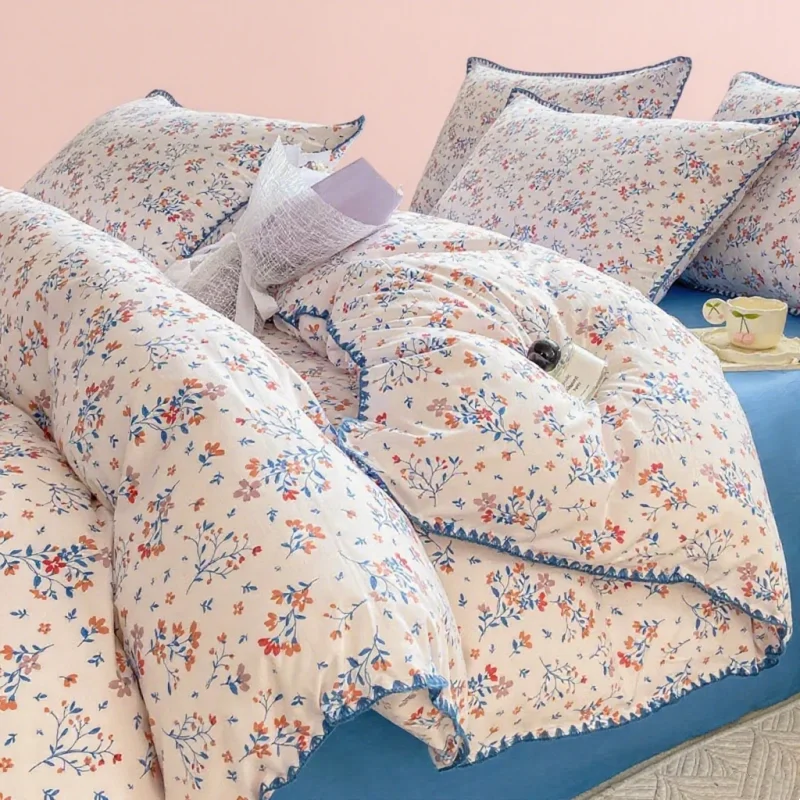 

4pcs Bedding Set Cute Printed Soft Sanding Duvet Cover Bed Sheet Pillowcase King Queen Double Size Bed Set