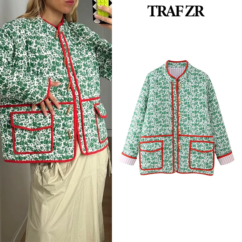 

TRAF ZR Snow Parka warm Woman Winter Coats Vintage Basics Floral Parkas Prairie Chic Padded Coat Elegant Luxury Women's Coat