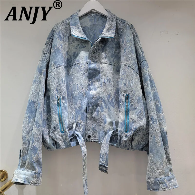 

ANJY Autumn New Women Denim Jacket Lace Embroidery Tie-Dye Zipper Turn-down Collar High Street Stylish Casual Y2K Ins Coat A8781