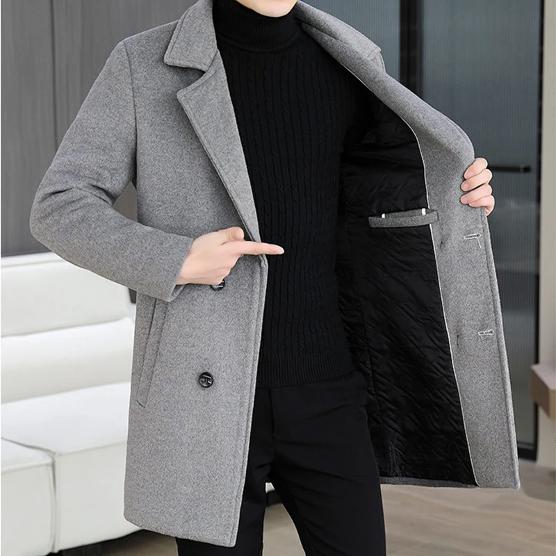 

Business Casual Men's Top Mid-Length Woolen Coats 2026 Winter Warm Wool Overcoat Outwear Cotton-Thicken Liner Windbreaker Jacket