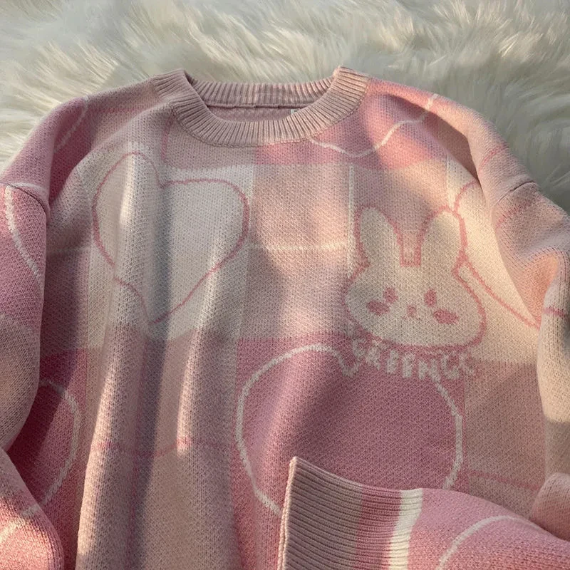 Cartoon rabbit pattern knitted warm loose oversized sweatshirt women Harajuku kawaii retro cute round neck pullover sweater