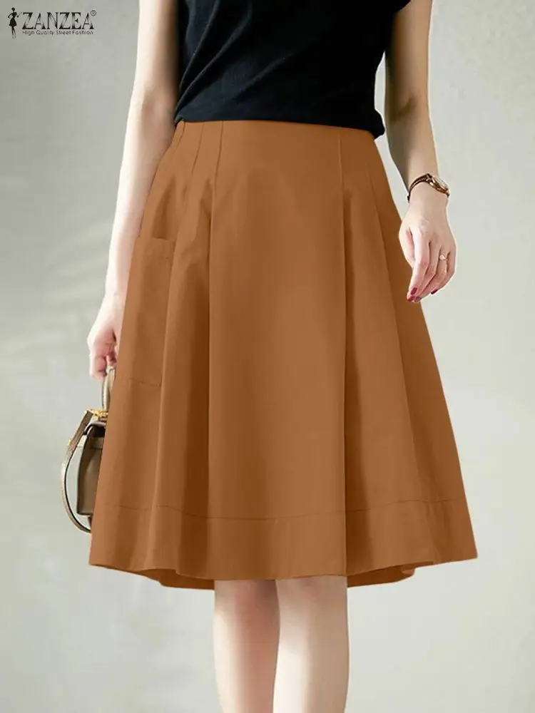 ZANZEA-Faldas de oficina para mujer, faldas plisadas lisas hasta la rodilla, elegantes, corte en A, OL, para verano, 2025