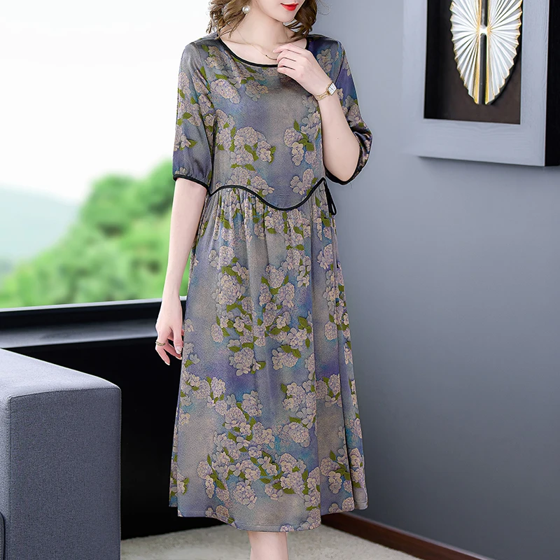 Female Floral Mulberry Silk Midi Dres Spring Summer Elegant Loose Waist Plus Size Dress 2022 Korean Vintage Casual Party Dresses