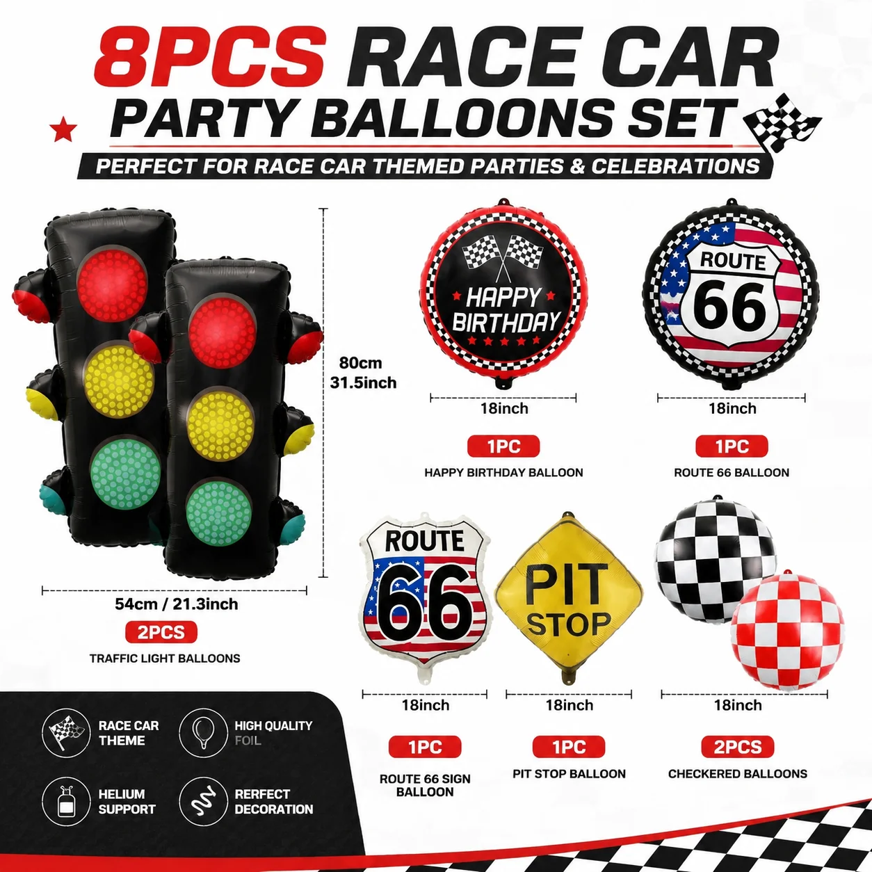 Race Car Party Foil Balloons Set of 8, Route 66 Theme, Traffic Light, Checkered Flag, for Race Car Birthday, Road Trip Party