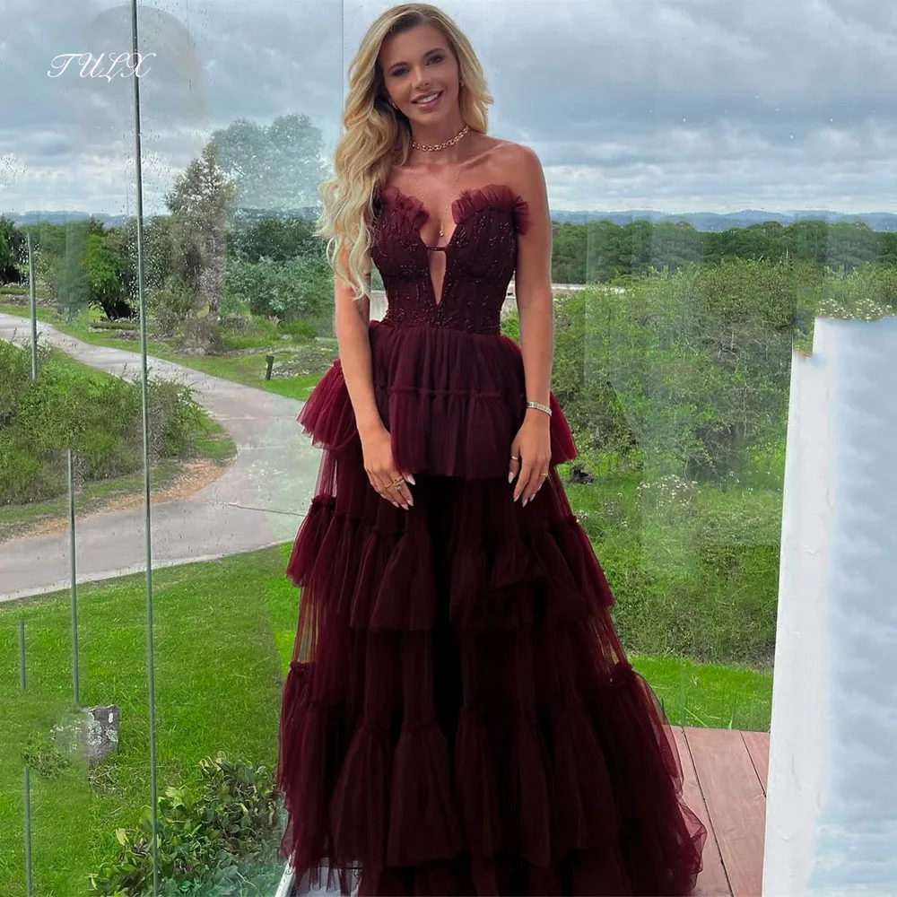 

TULX Sparkly Beaded Tulle Evening Dress Sexy Sweetheart Sleeveless Formal Event Dress A line Long Tiered Party Dress Customized