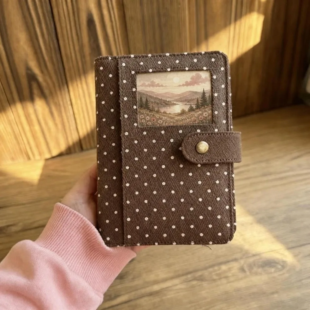 Polka Dot Print A7 Binder Notebook Fabric Cover Snap Button Closure Loose Leaf Journal Photocard Collection Book School Office