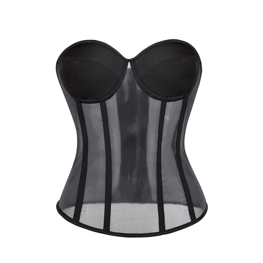 Sexy Women Mesh Bra Corset Gothic Translucent Lace Up Boned Overbust Bustier Top Clubtwear Lingerie