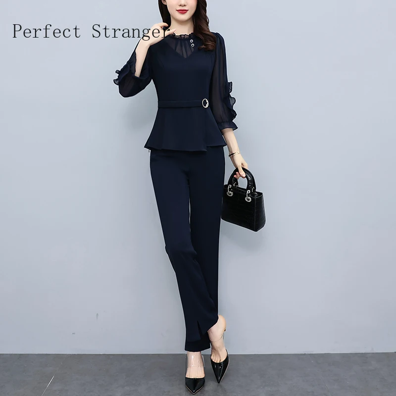 2025 New Arrival Elegant Hot Sale Chiffon Three-quarter Sleeve Two Pieces Wide Leg Pants Set With Brooch Navy