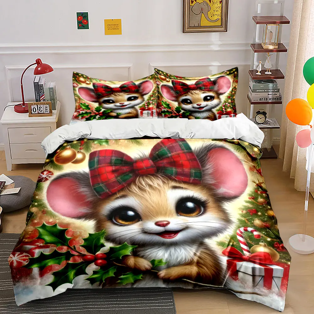 Adorable mouse in holiday decor holding holly leaves Print Duvet Cover Bedding Set Included 1*Duvet Cover 2*Pillowcases