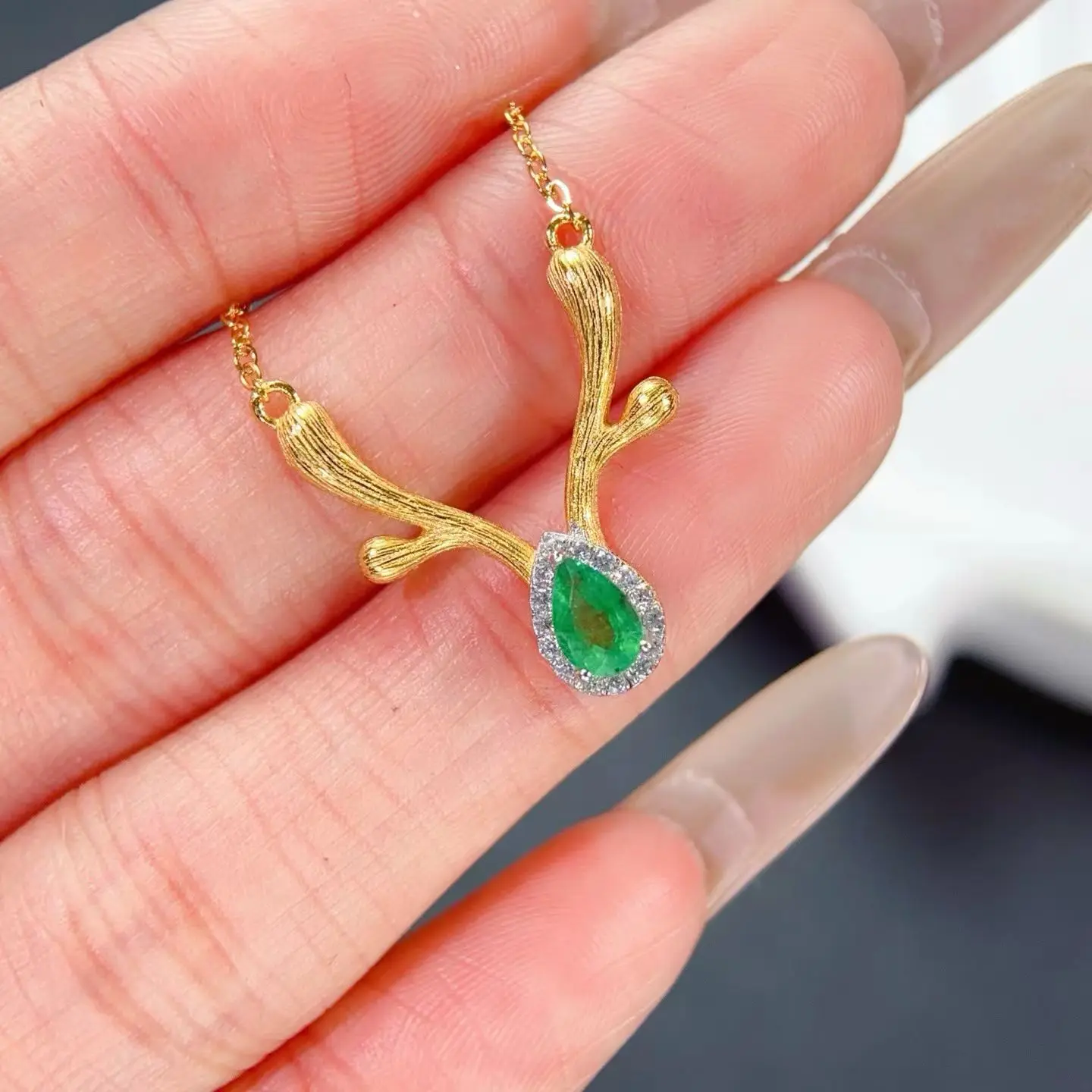 Natural Emerald Pendant 925 Sterling Silver Gold Plated, Unique Antler Design with Certificate, Fine Jewelry Gift for Women