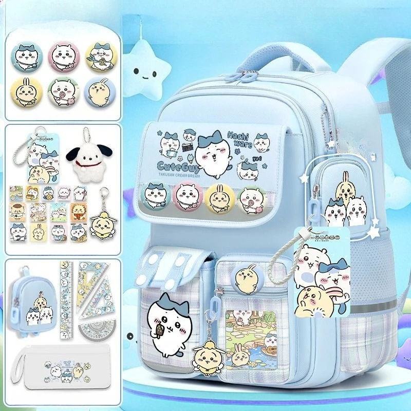 Anime Cartoon Kawaii Chiikawa School Bag Nylon Zipper Water Repellent Wear-resistant Large Capacity Spine Protector Lightweight