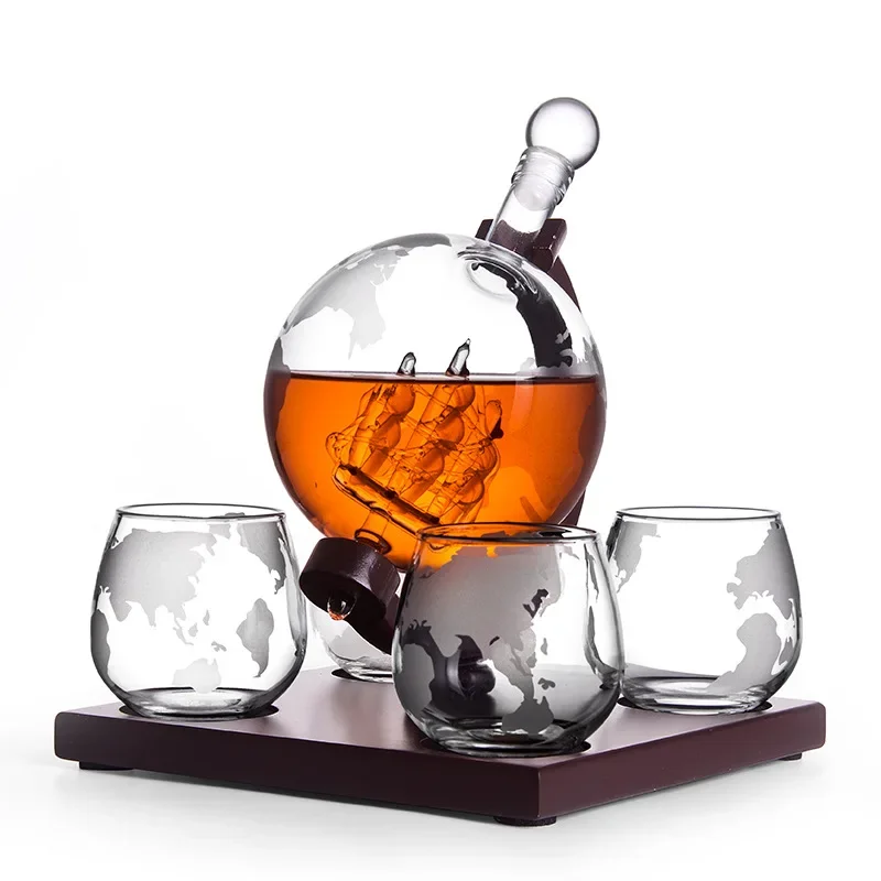 Globe Decanter Creative Glass Wine Bottle Container Whisky Champagne Beer Carafe Home Bar Drinkware Decanter Cup Wood Stand Set