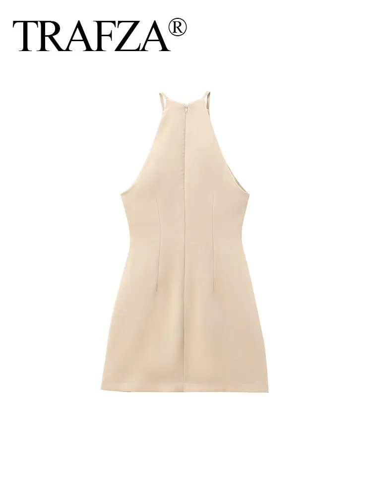 TRAFZA 2024 Letnia moda damska Sukienki khaki Bez rękawów O Neck Halter Neck Slim Krótkie sukienki Vintage Elegancka kobieca sukienka