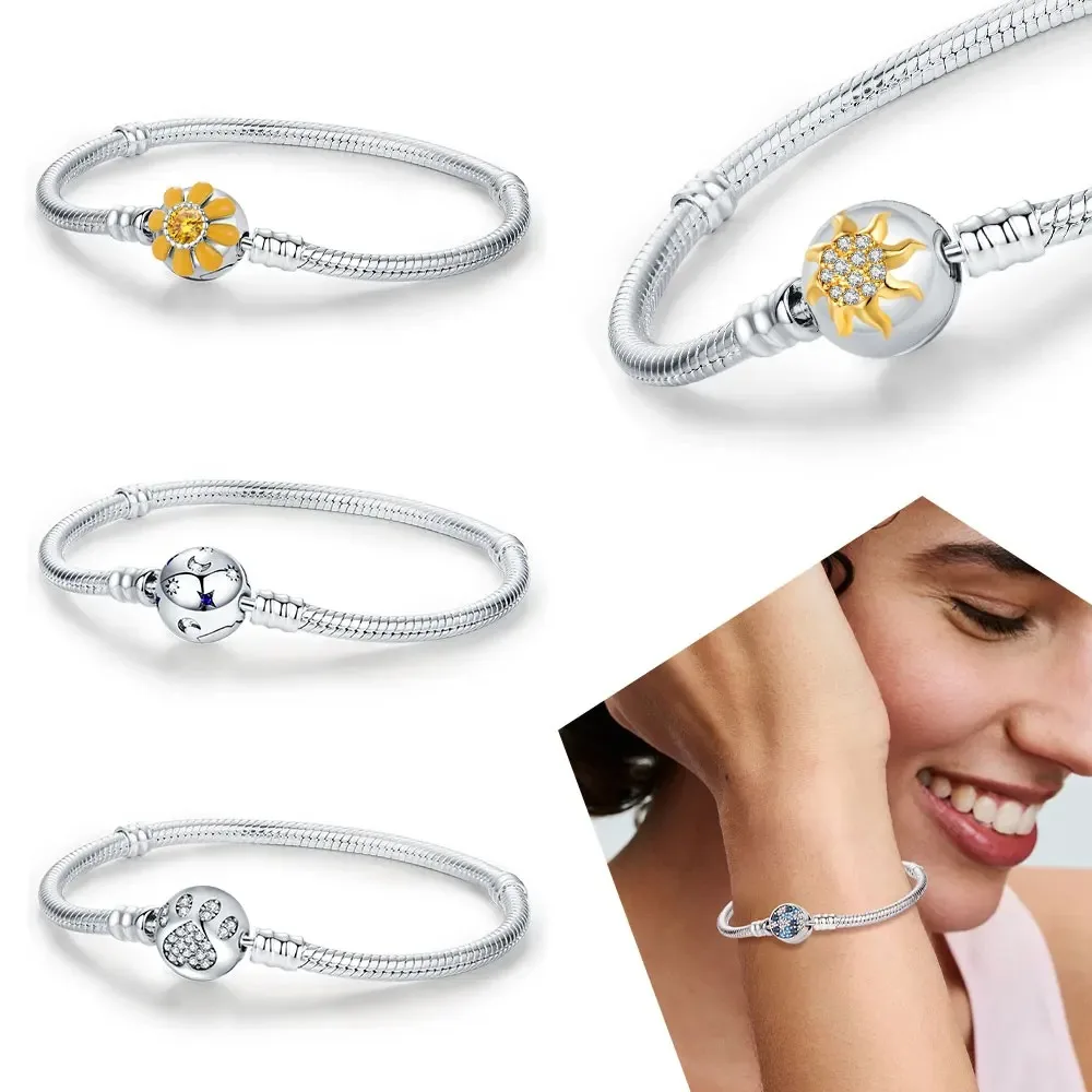 

Модный браслет из стерлингового серебра 925 пробы 3 мм для женщин, 2025 год, новый дизайн, с элементами Луны, Солнца и Сердца, простой стиль, для повседневной носки, модный подарок