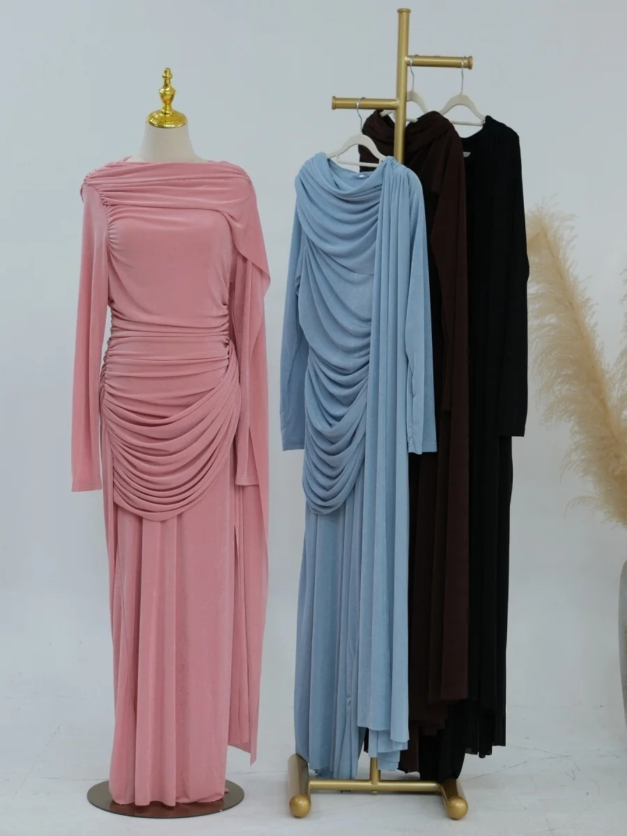 Muslim Women Traditional Duabi Abaya Solid Pleated Long Dress With Shawl Modest Kaftan Robe Femme African dresses Islam Clothing