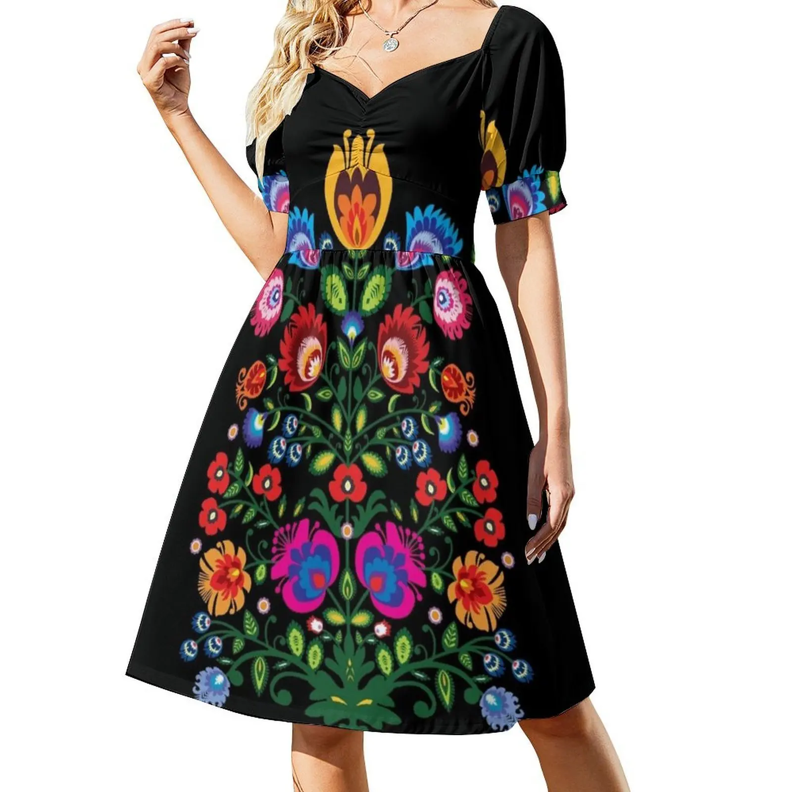 آخر.... فستان قصير بتصميم شعبي مع زهور على طراز Preppy للنساء على شكل حرف A فضفاض مناسب فستان يوم كاجوال شعبي بولندي #2