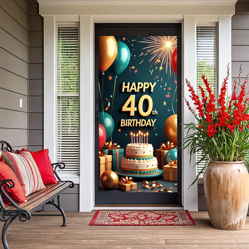 Happy 40th Birthday Cake Banner Party Decoration Backdrop Celebration Props Background Balloons Fireworks Gift Boxes Balloons