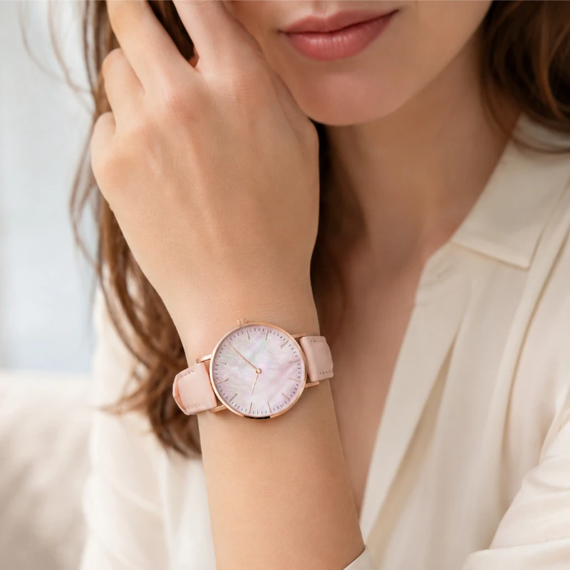 Minimalist Women's Analog Quartz Watch Fashion Shell Dial Rose Gold Case Leather Strap Ladies Wristwatch Clock Gift Reloj Mujer