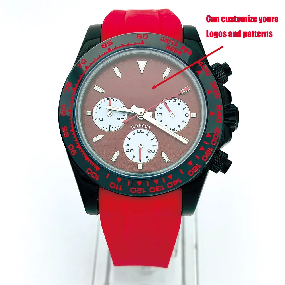 39 มม.นาฬิกาผู้ชายสีดํา VK63 การเคลื่อนไหว chronograph sapphire glass สายยางธุรกิจผู้ชายนาฬิกาข้อมือกันน้ํา 10Bar