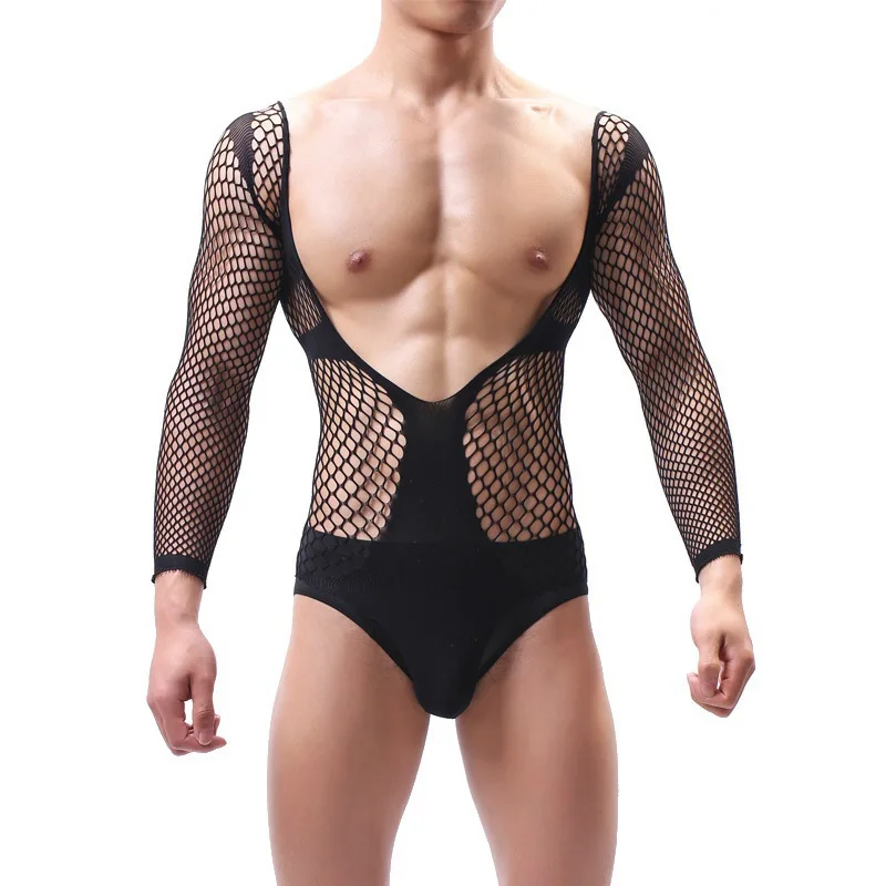 

Мужское сексуальное женское белье с длинными рукавами, прозрачная рыболовная сеть, соблазнительная облегающая цельная сетчатая куртка, эротическое боди для взрослых