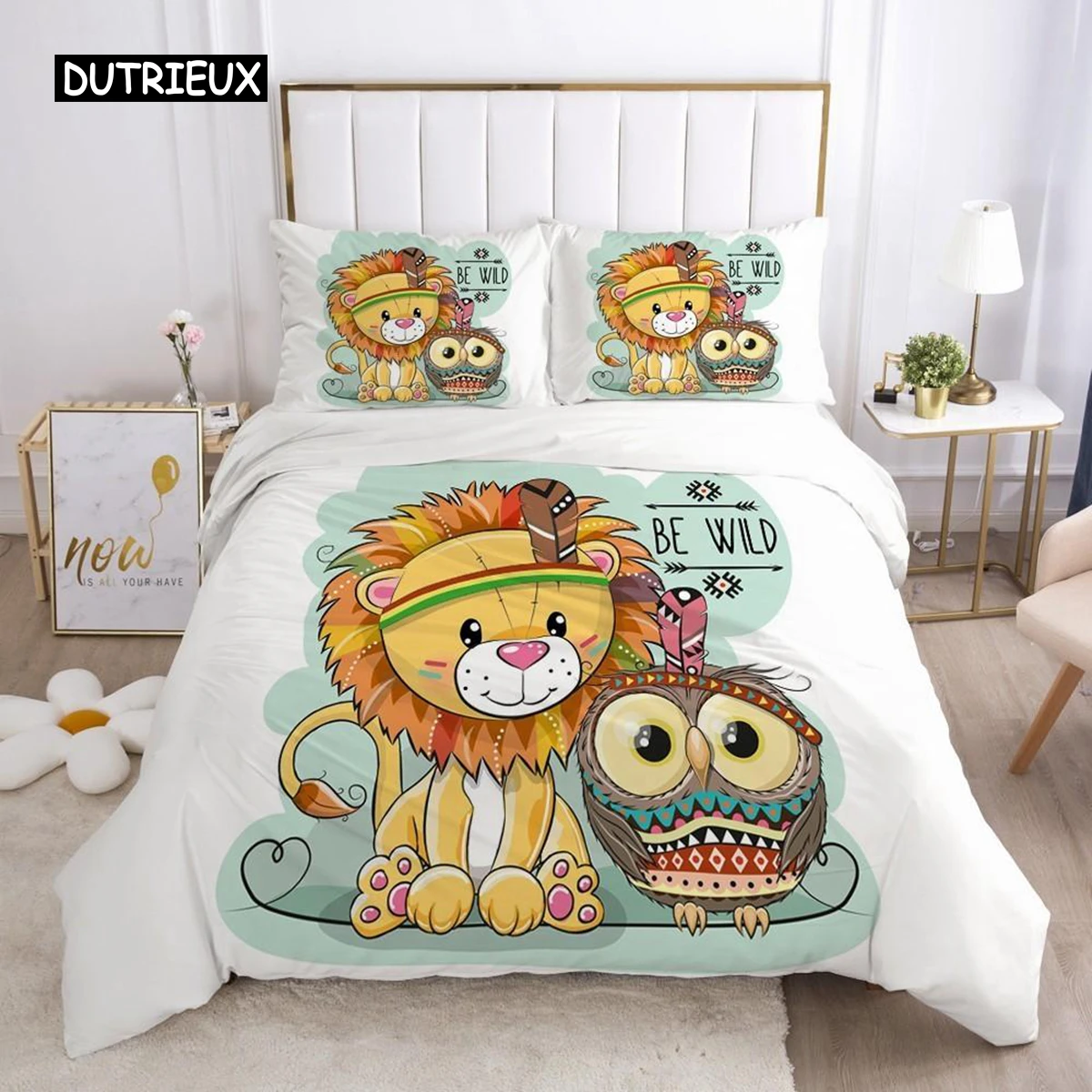 

Cartoon Duvet Cover Set Cute Owl and Lion Pattern Animal Theme Comforter Cover for Kid Boy Teen King Size Microfiber Quilt Cover