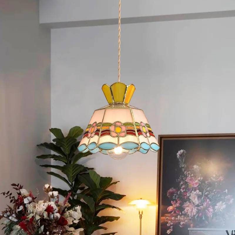 Brass Colored Glass Pendant Light, Handmade Creative Decorative Lighting Fixtures for Bedroom Headboard Tea Room Living Room