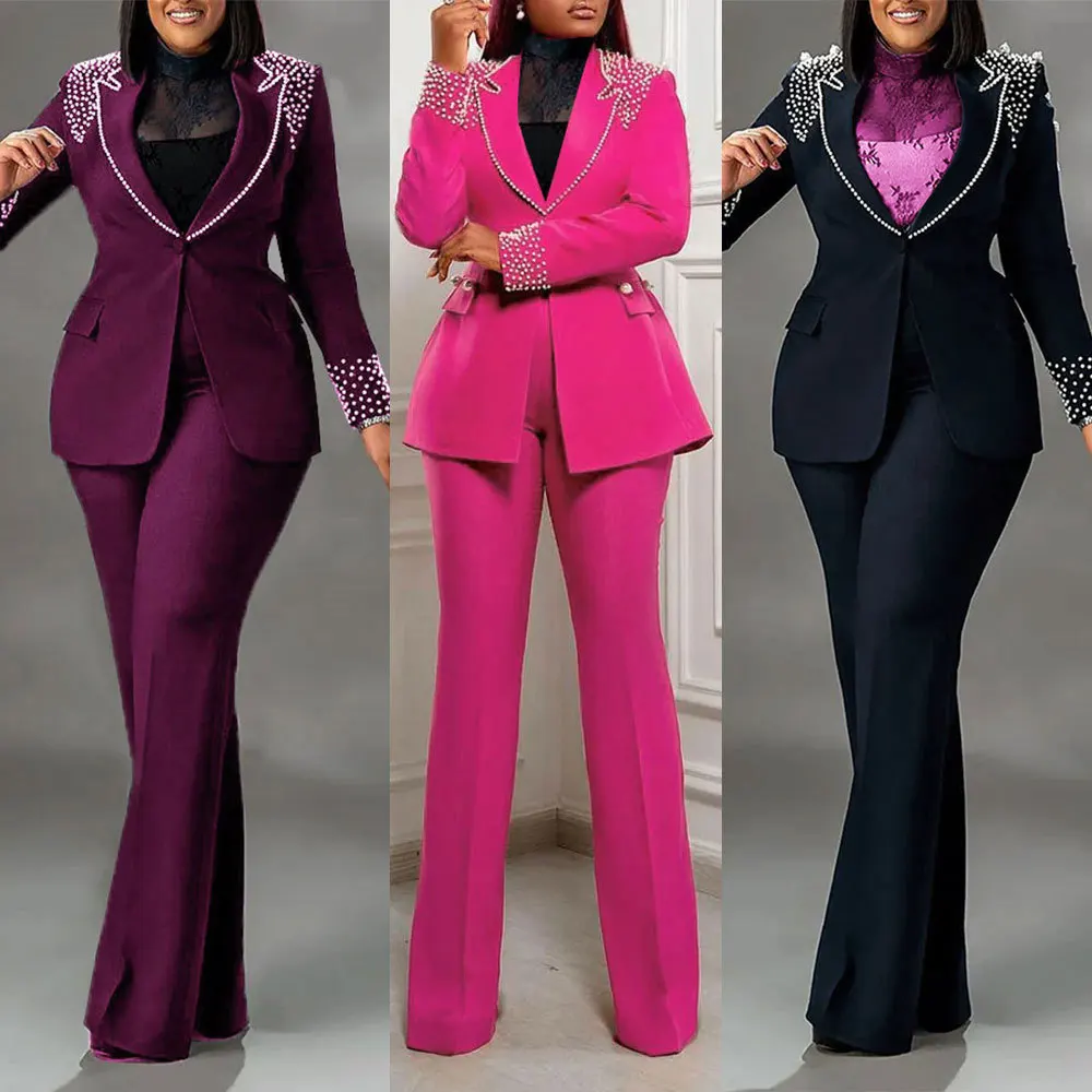 

Fashion Pearls Long-sleeved Slim Stretch Suit Two-piece Set Office Lady Wear Real Picture Woman Blazer Coat and Pants