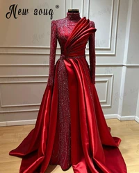 Muslim Long Sleeve Red Evening Dresses A Line Arabic Wedding Party Gowns With Overskirt Women Vestido Boda Invitada Elegante