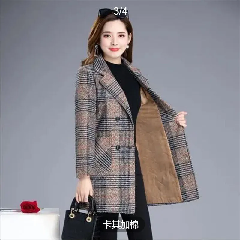 Suit Collar Woolen Coat 2024 New Spring Autumn Winter Plaid  Jacket Double-Breasted Leisure Women's Woolen Outerwear Female