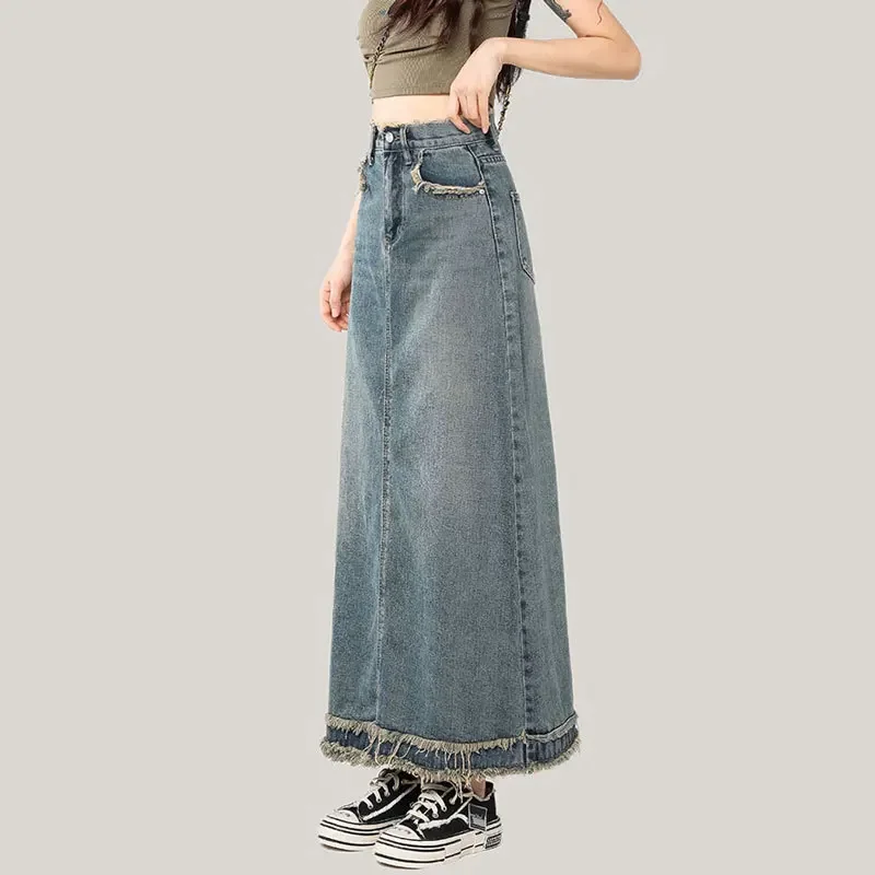 Women\'s Denim Skirt with Front Slit Maxi Long Blue Stylish Casual Plain Tall Girl Floor Jeans Summer