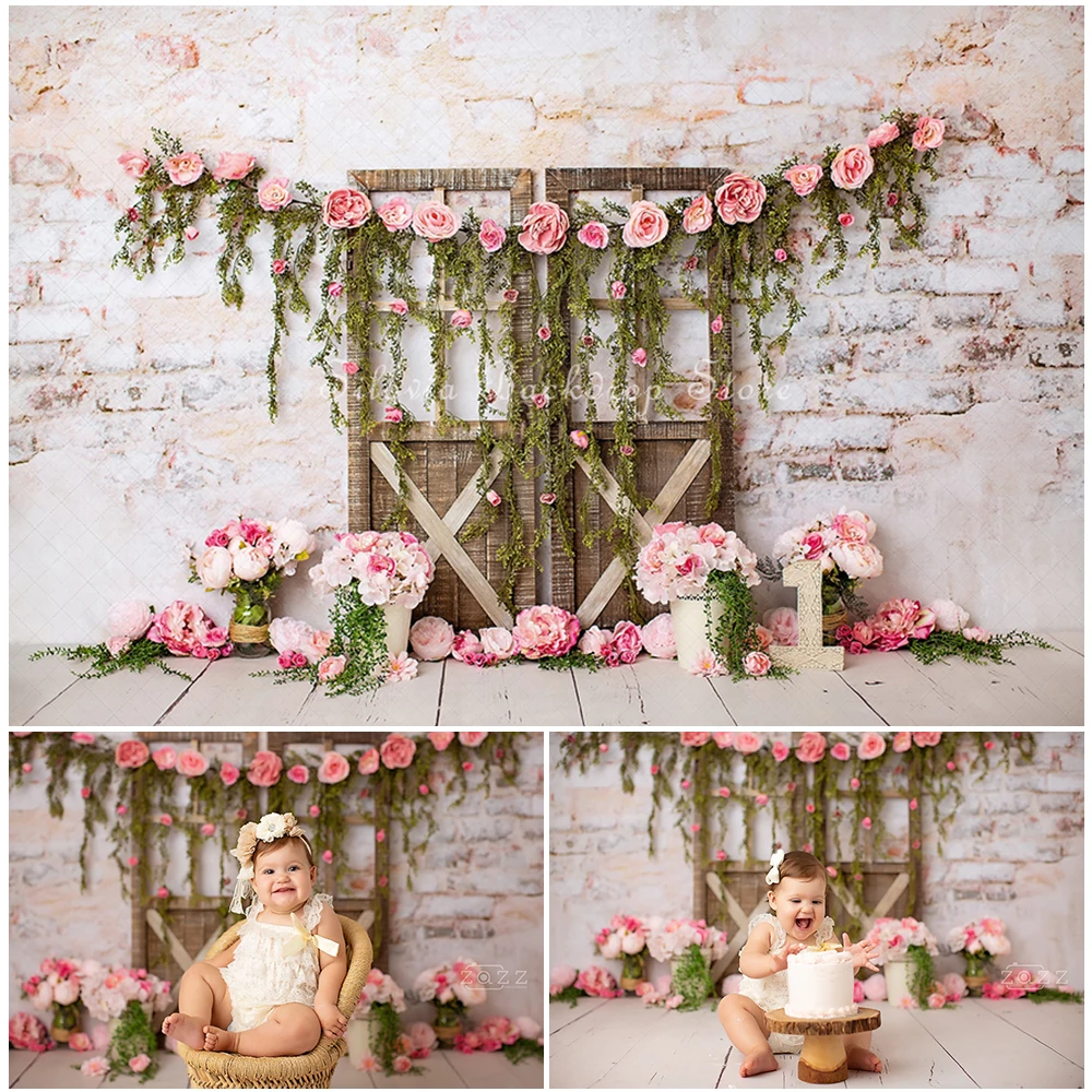 Doors A Floral Bliss Photo Background Birthday Cake Smash Photography Backdrop Pink Flowers Wooden Door Photo Studio Props