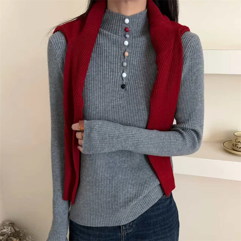 

Женская полуводолазка, осенне-зимний новый свитер с декоративной пряжкой и вертикальной текстурой, повседневная вязаная нижняя рубашка с ленивым ветром