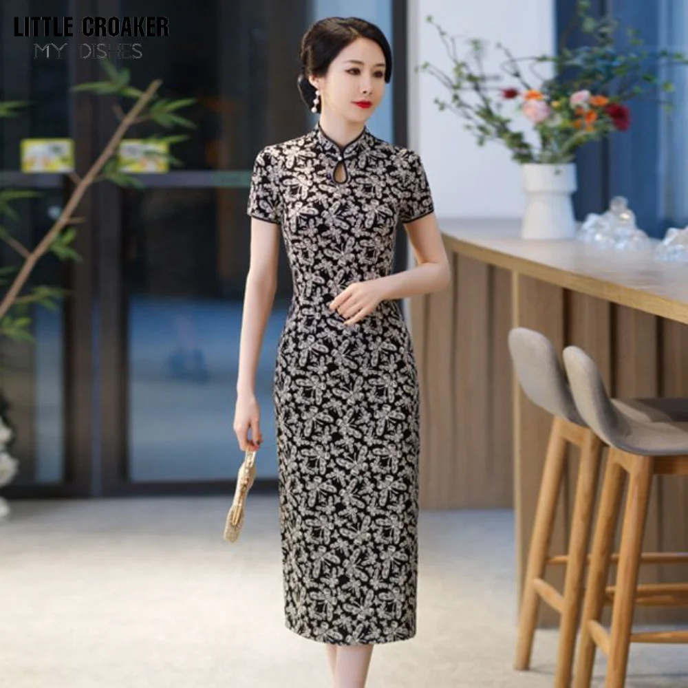 Summer New Slim Fit Covering Belly for Middle and Elderly Mothers Improved Chinese Style Qipao Dress for 40 To 50 Years Old