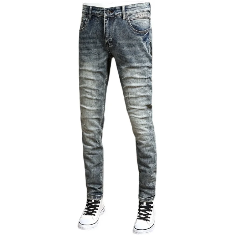 Fashion Vintage Men Jeans Retro Blue Stretch Elastic Slim Fit Ripped Jeans Men Embroidery Designer Casual Denim Pants Hombre