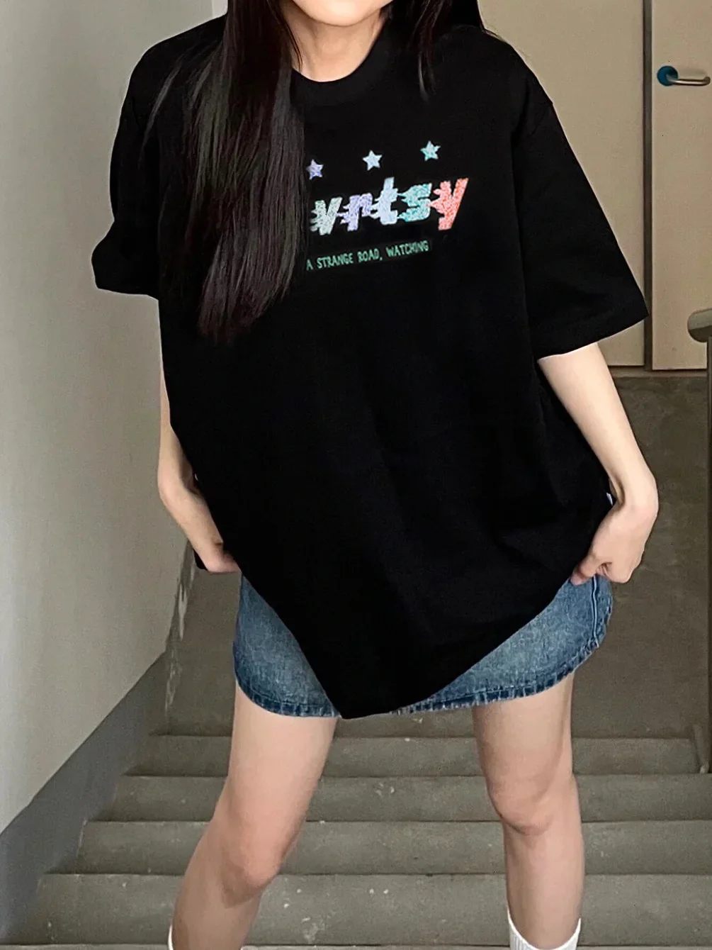 女性用Tシャツ,グラフィティスターのカラフルなTシャツ,コットン,頑丈,ストリート,ヴィンテージ,特大,y2kトップ