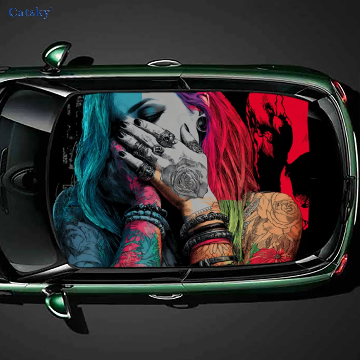 Rainbow Hair Punk Dominance Car Roof Sticker, PVC Self-Adhesive Waterproof Car Vinyl Decal, Car Decoration Protection Stickers,