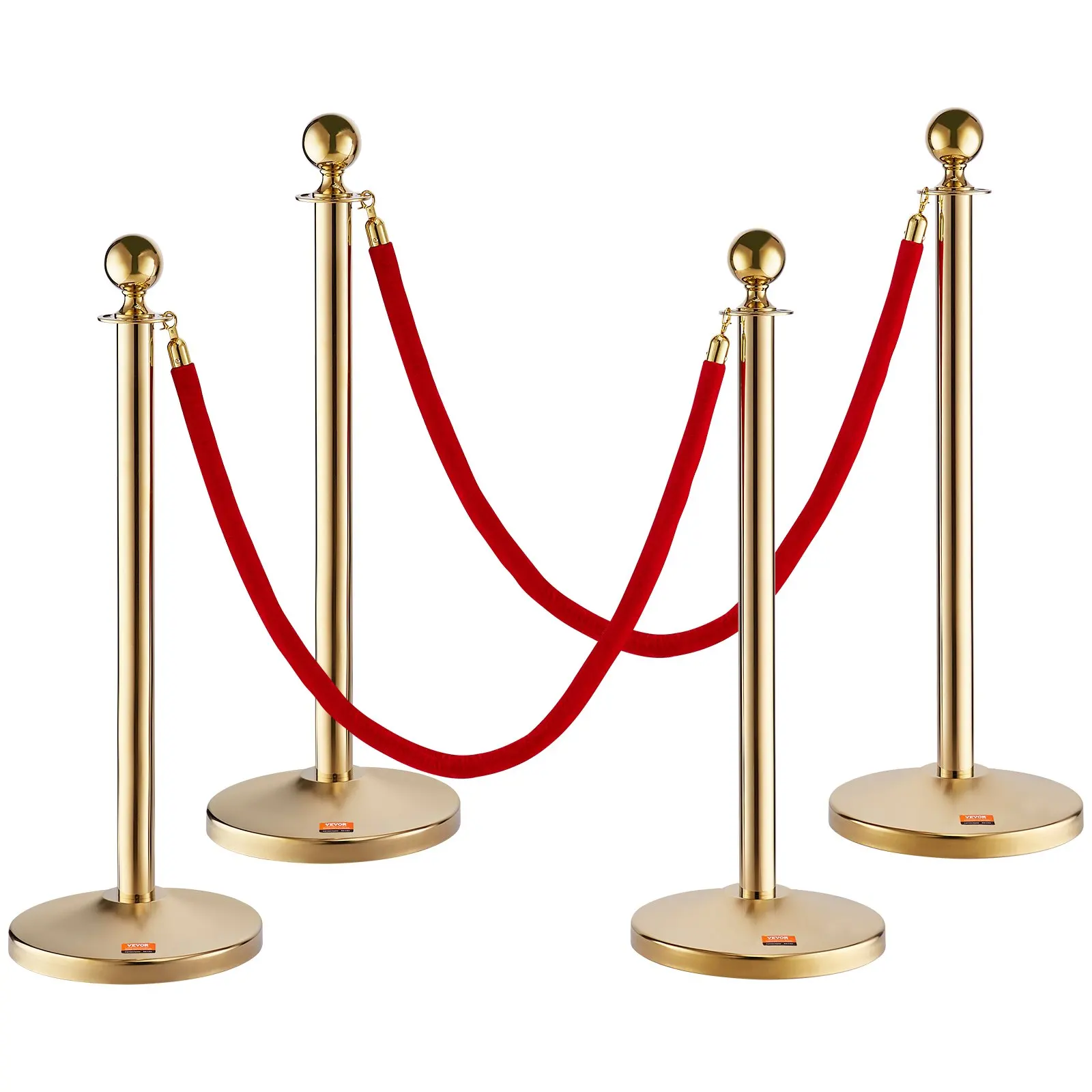 VEVOR 4 PCS Gold Crowd Control Barrier 5 ft/1.5 m Elegant Velvet Ropes and Posts Stainless Steel Stanchion with Ball Top