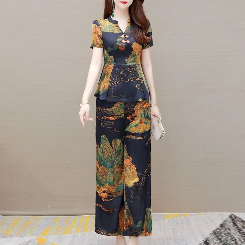 

Women's Printed Suit 2022 Summer New Mother Casual Loose Thin Close Waist Corp Top And Wide Leg Pants 2 Two Piece Set For Women