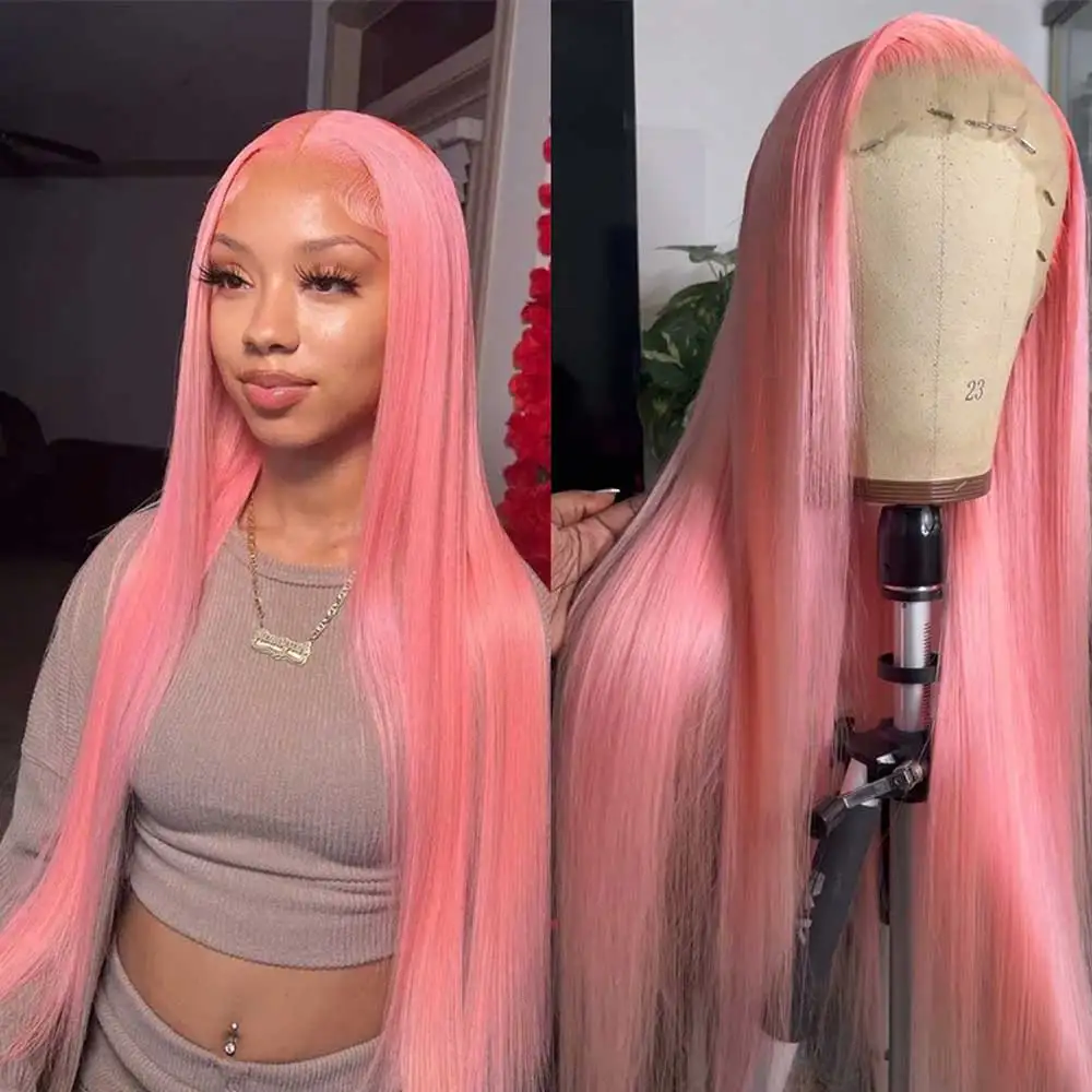 

28 Inch Pink Lace Front Wig Human Hair Straight Pink Wig Human Hair for Women 13x4 HD Transparent Lace Front Wig 180 Density ﻿