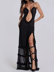 Vintage Evening Dress Women Sexy Strapless Long Dresses Female Hollow Out Party Dresses Ladies Elegant Ruffle Split Vestidos