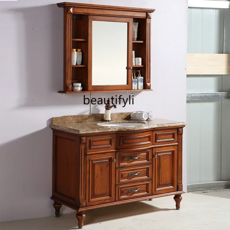 

cqyHigh-End American Bathroom Cabinet Red Oak Hand Washing Washbasin Cabinet Combination Chinese Mirror Cabinet