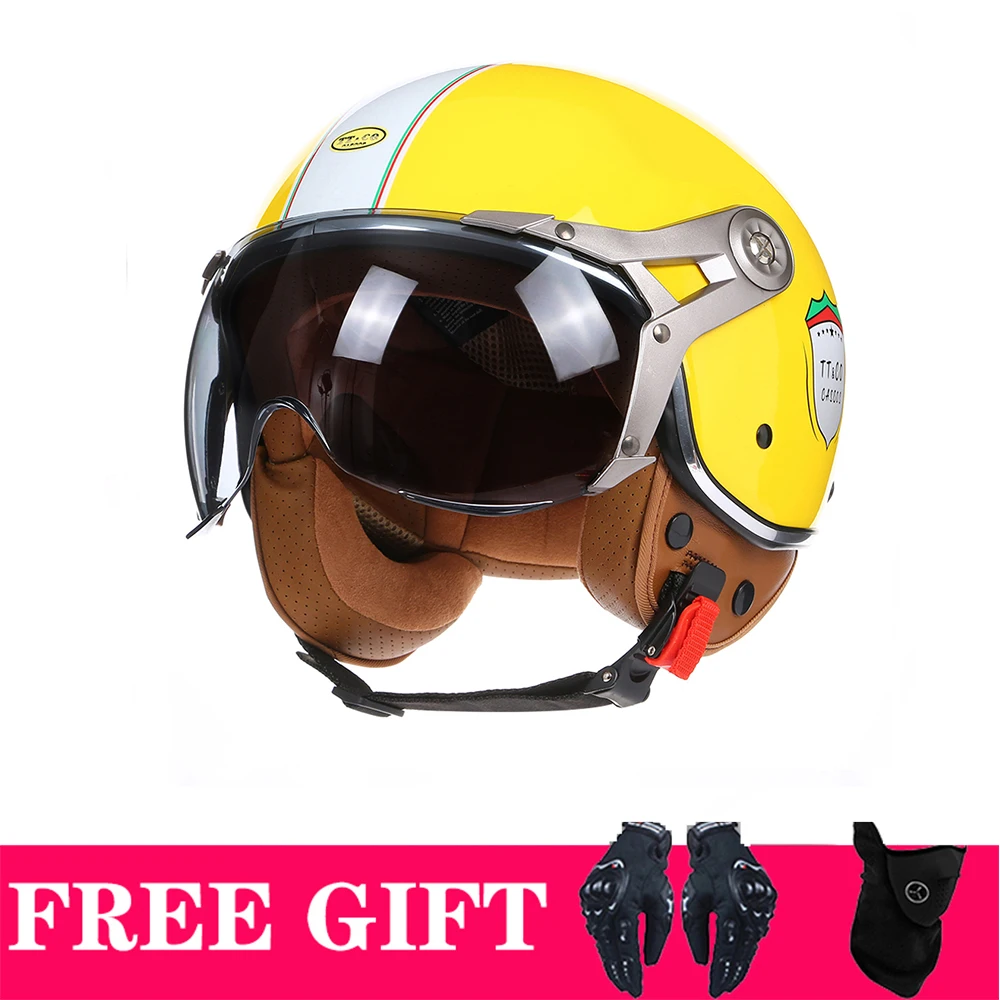 New Open Face Motorcycle Helmet Retro Motorbike Helmet Vintage Chopper Capacete De Moto Bike Scooter Men Women DOT Tawny Glasses