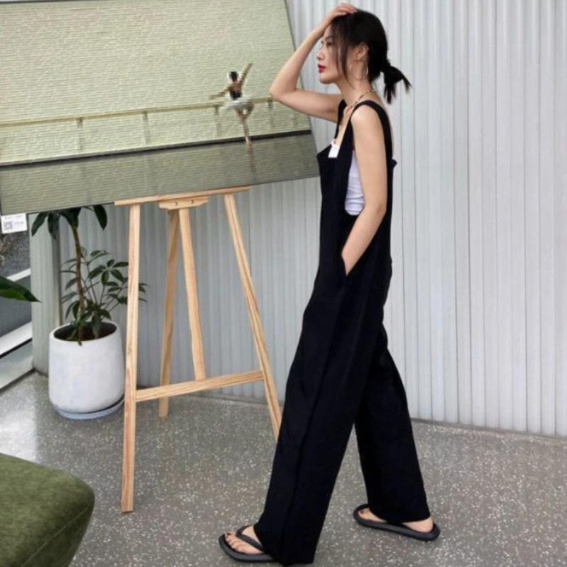 Black Jumpsuits Women Baggy Chic Thin Summer Fashion Temperament Casual Pockets Vintage Streetwear Lady Korean Style Minimalist