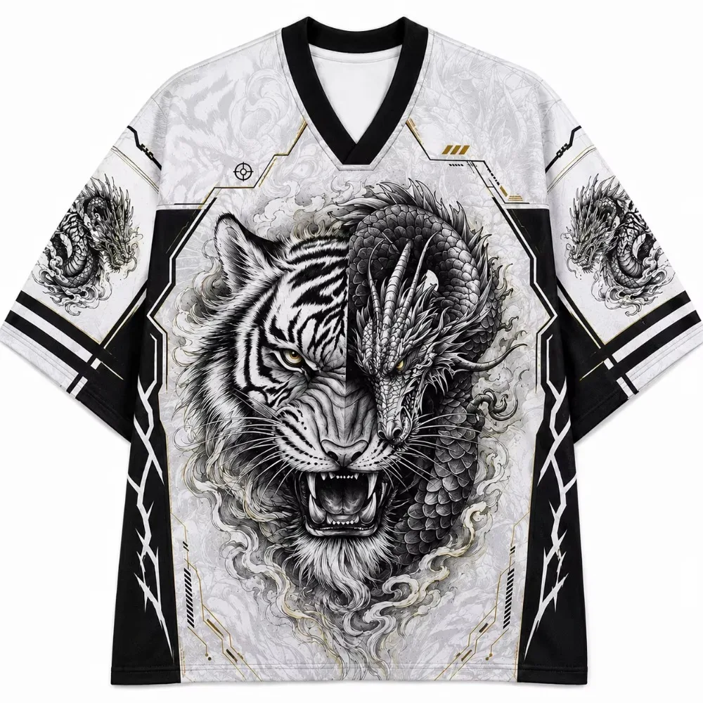 National Trend Dragon Tiger Patterns 3D Print Sport Quickdry Breath Men V-neckT-shirt Outdoor Street Casual Fashion Parent-Child