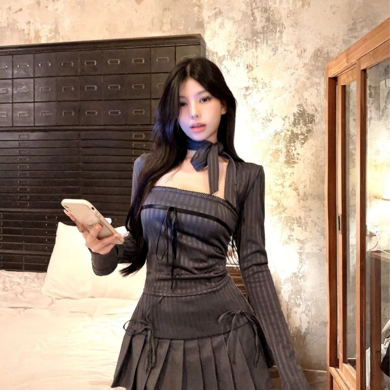 

Ранняя осень, новое женское пальто с длинными рукавами + Y2k, сексуальный приталенный жилет без бретелек + юбки с бантом и высокой талией, рюшами, комплекты из трех предметов