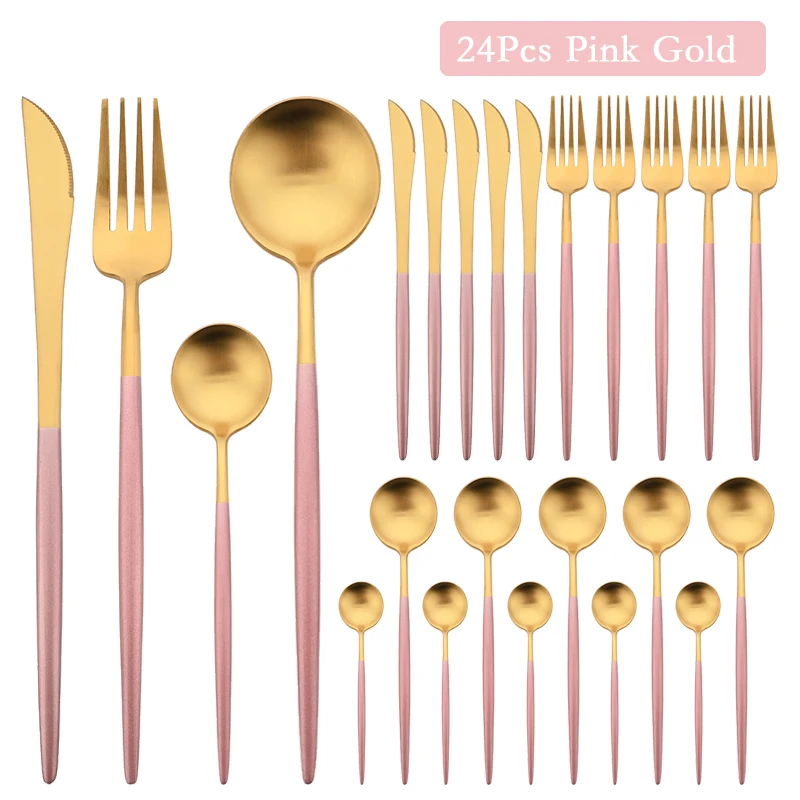 

6Set Dinnerware Matte Pink Gold Round Handle Flatware Cutlery Set Silverware Set Stainless Steel Spoons Fork Knife Tableware Set