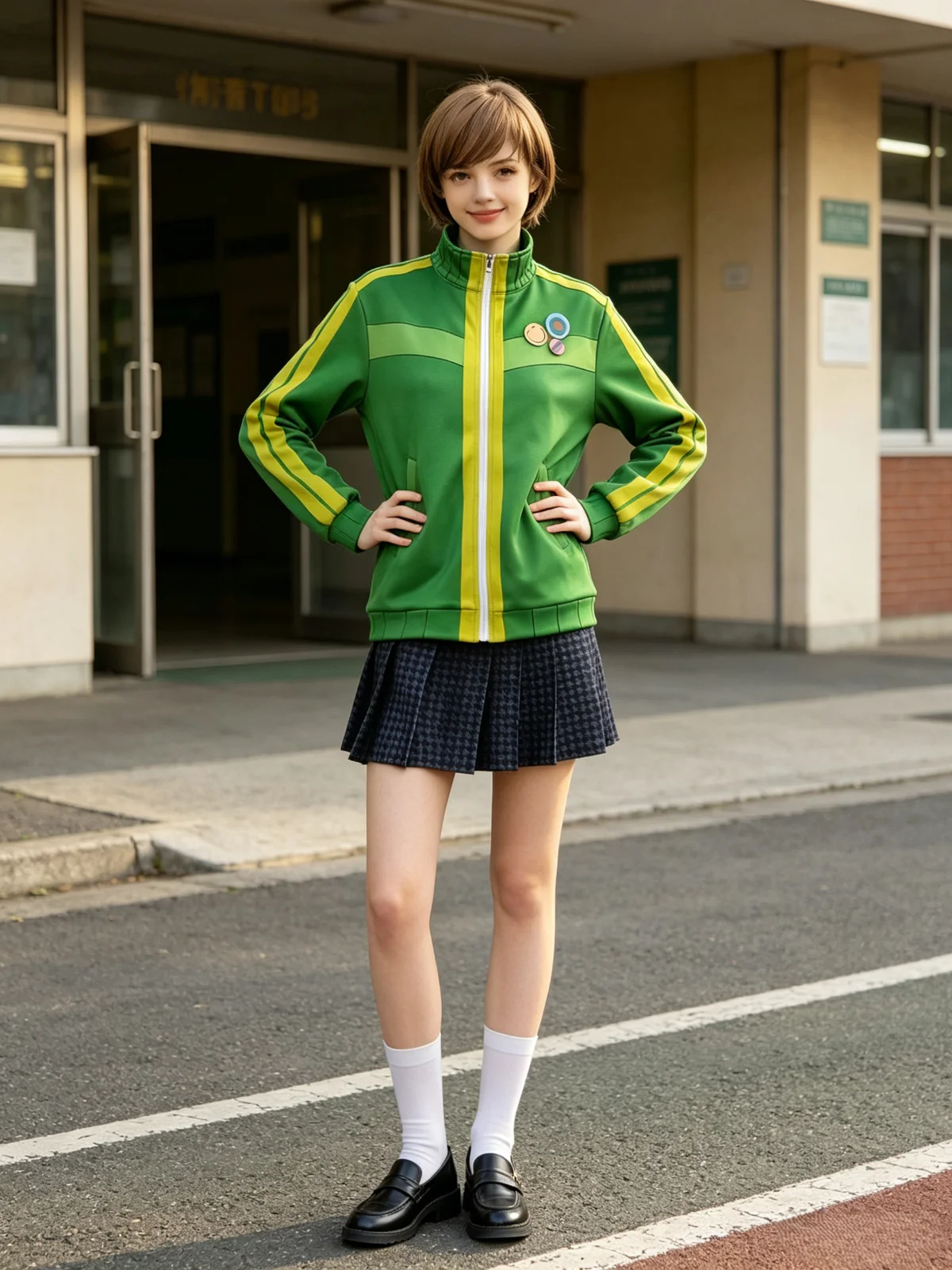 

Persona 4 Women Chie Satonaka Cosplay Costume Yasogami High School uniform, green track jacket, wig, and outerwear