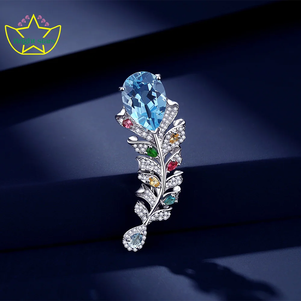 Bright Stars s925 Sterling silver Sky Blue Topa stone feather brooch upscale women's luxury clothing accessories