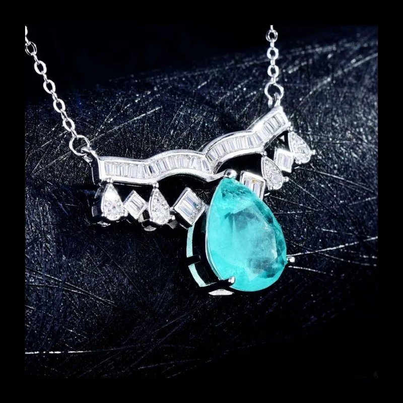 مجموعة بارايبا المقلدة المباشرة، قلادة التاج الماسية الكاملة الفاخرة، أقراط على شكل كمثرى، حلقة مفتوحة.