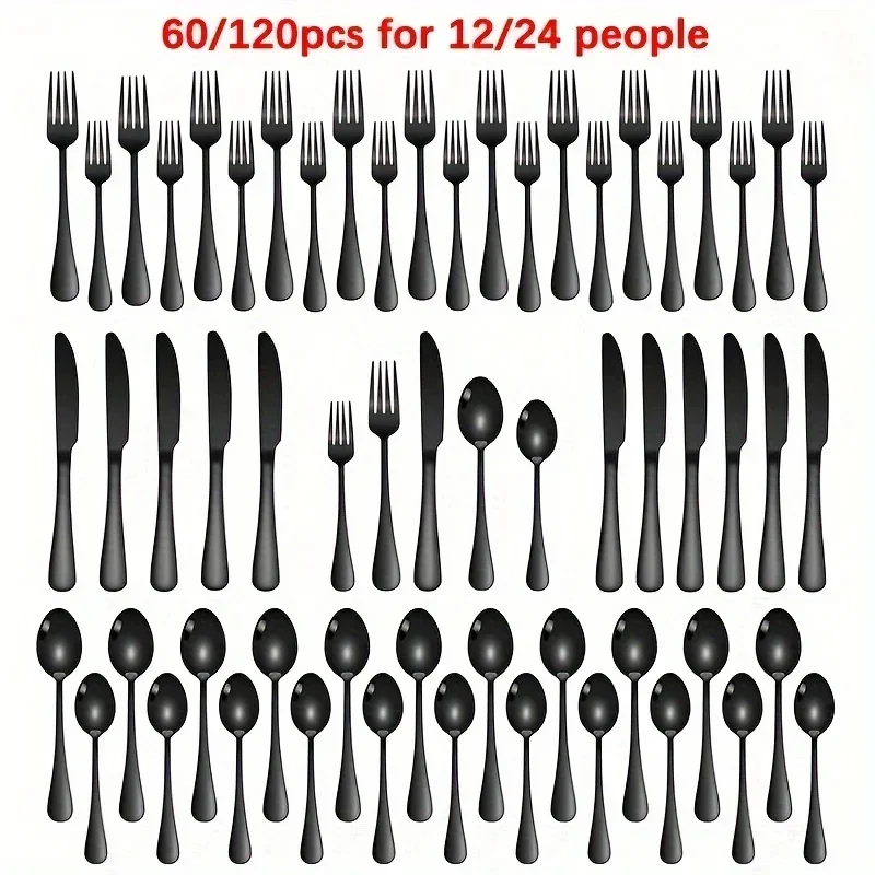 60/120pcs for 12/24 People, Thickened High-Quality Stainless Steel Western Tableware Set, Mirror Polished, Silver Golden Black,